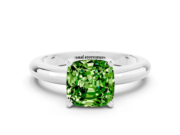 White gold Cushion Cut Peridot Solitaire Engagement Ring with Round Band and Four-Prong Setting