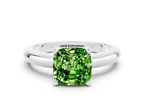 White gold Cushion Cut Peridot Solitaire Engagement Ring with Round Band and Four-Prong Setting