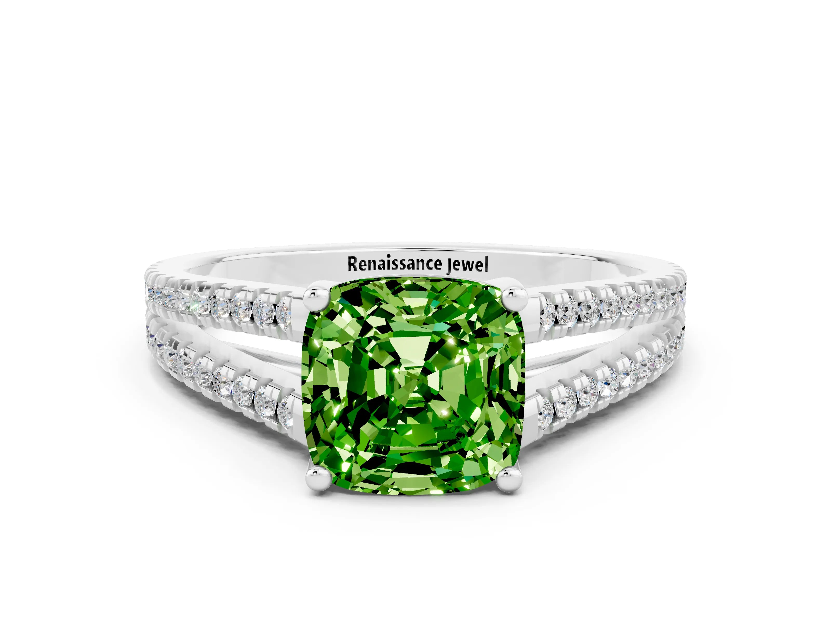 White gold Cushion Cut Peridot Solitaire Engagement Ring with Split Shank Pavé Band