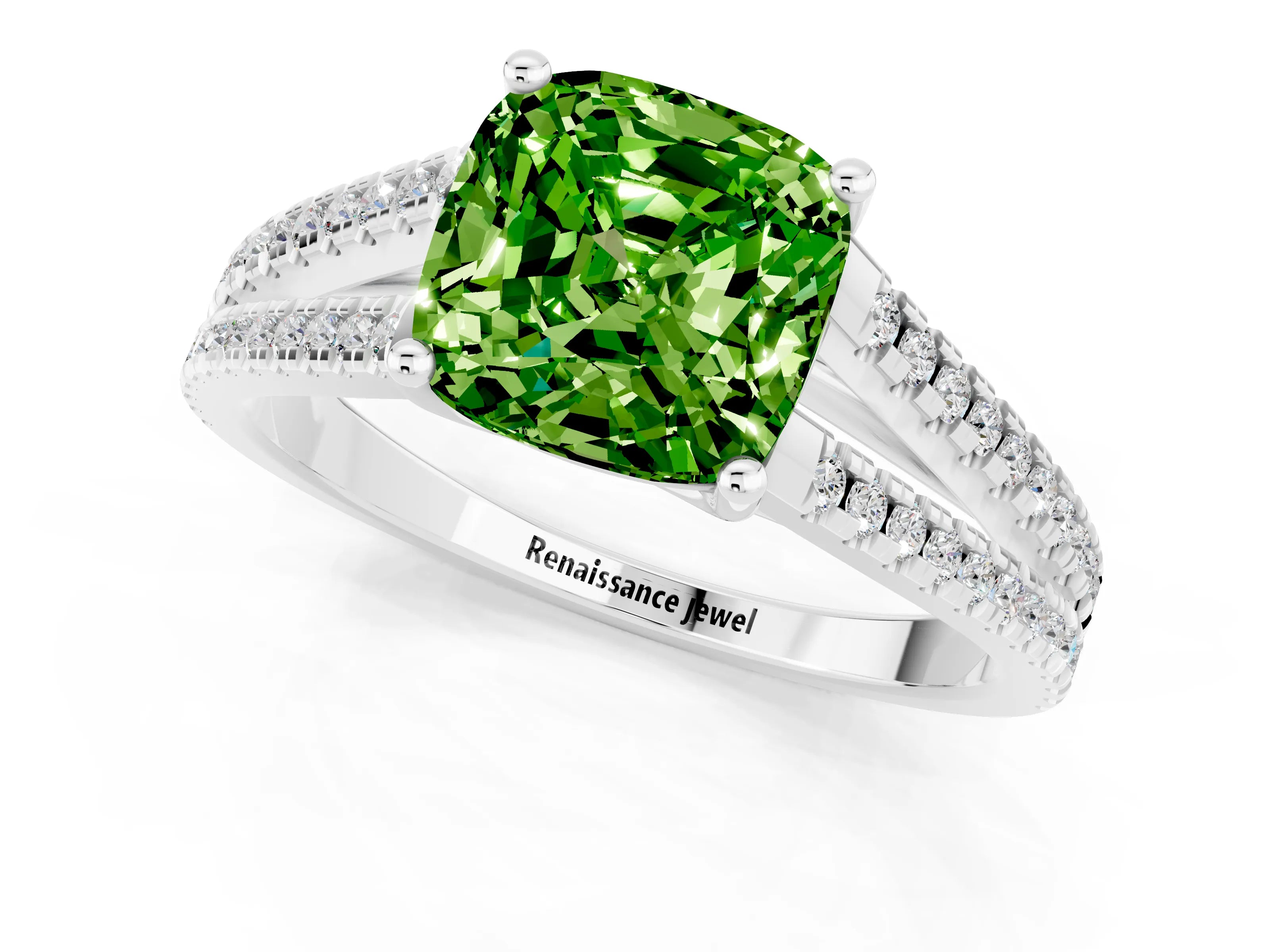White gold Cushion Cut Peridot Solitaire Engagement Ring with Split Shank Pavé Band_1