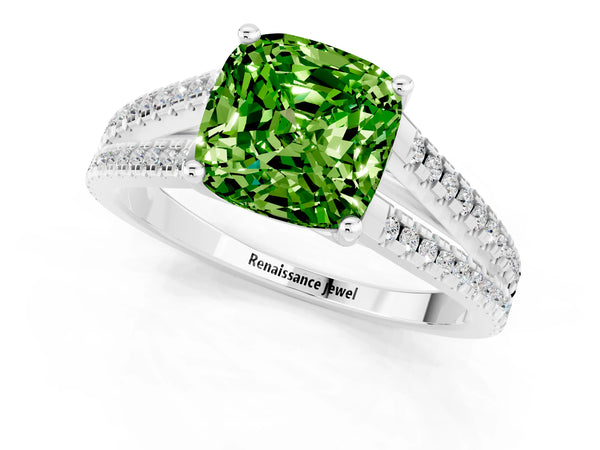 White gold Cushion Cut Peridot Solitaire Engagement Ring with Split Shank Pavé Band