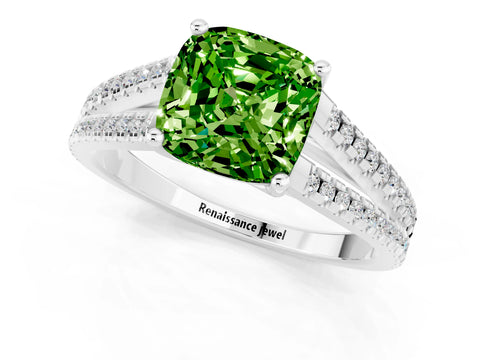 White gold Cushion Cut Peridot Solitaire Engagement Ring with Split Shank Pavé Band_1