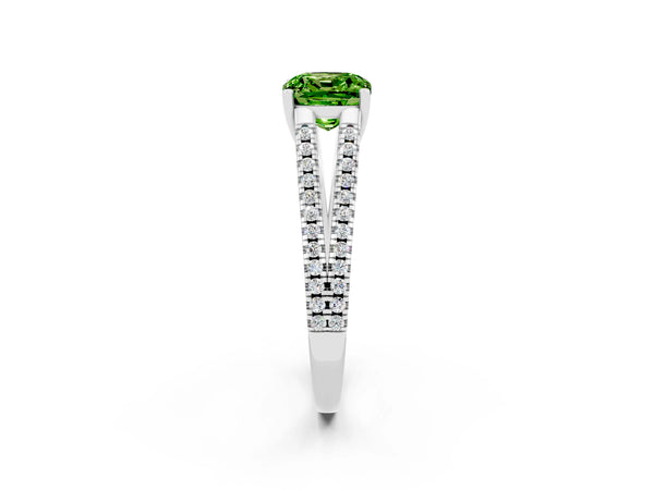 Platinum Cushion Cut Peridot Solitaire Engagement Ring with Split Shank Pavé Band