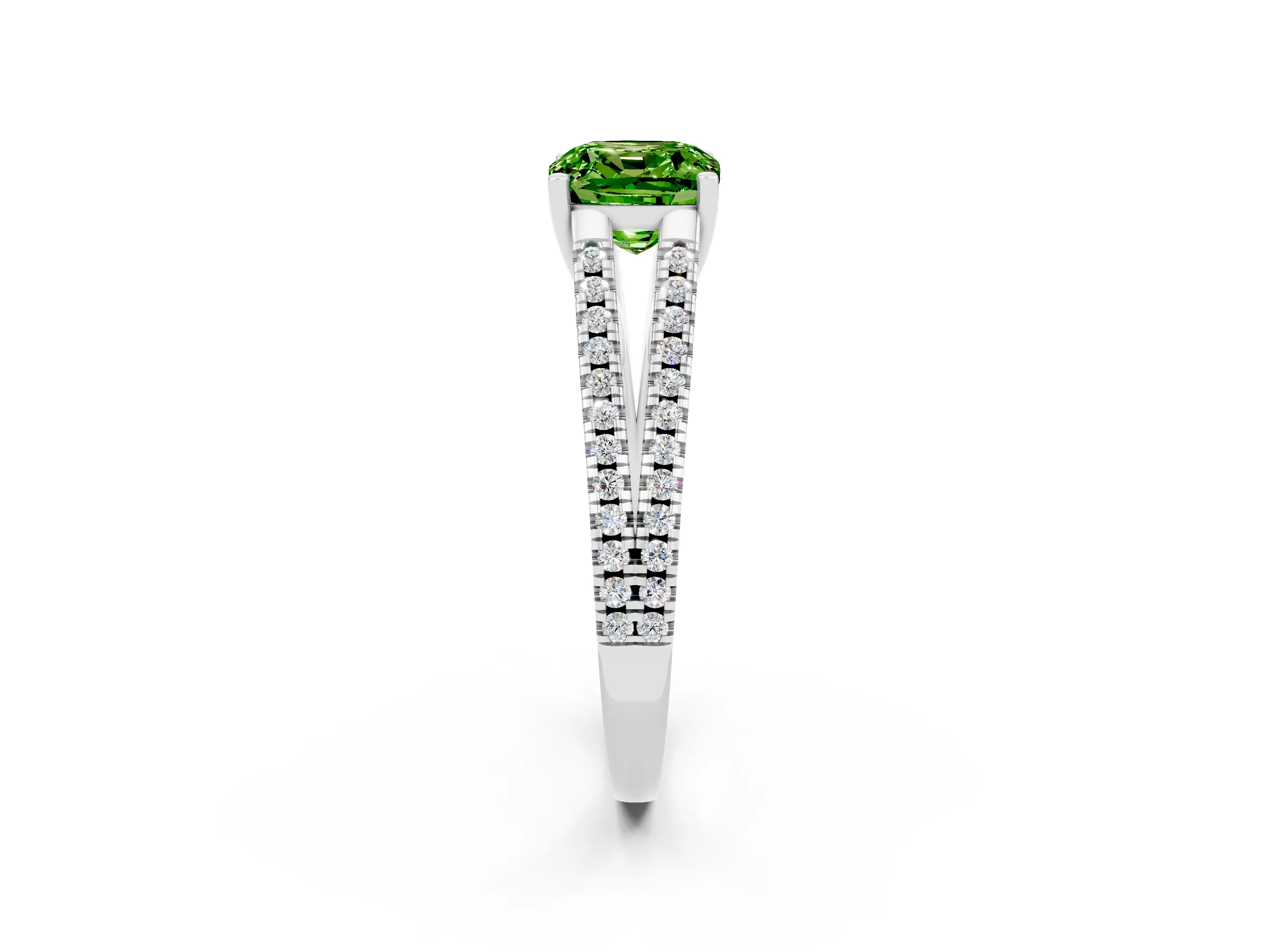 White gold Cushion Cut Peridot Solitaire Engagement Ring with Split Shank Pavé Band_2