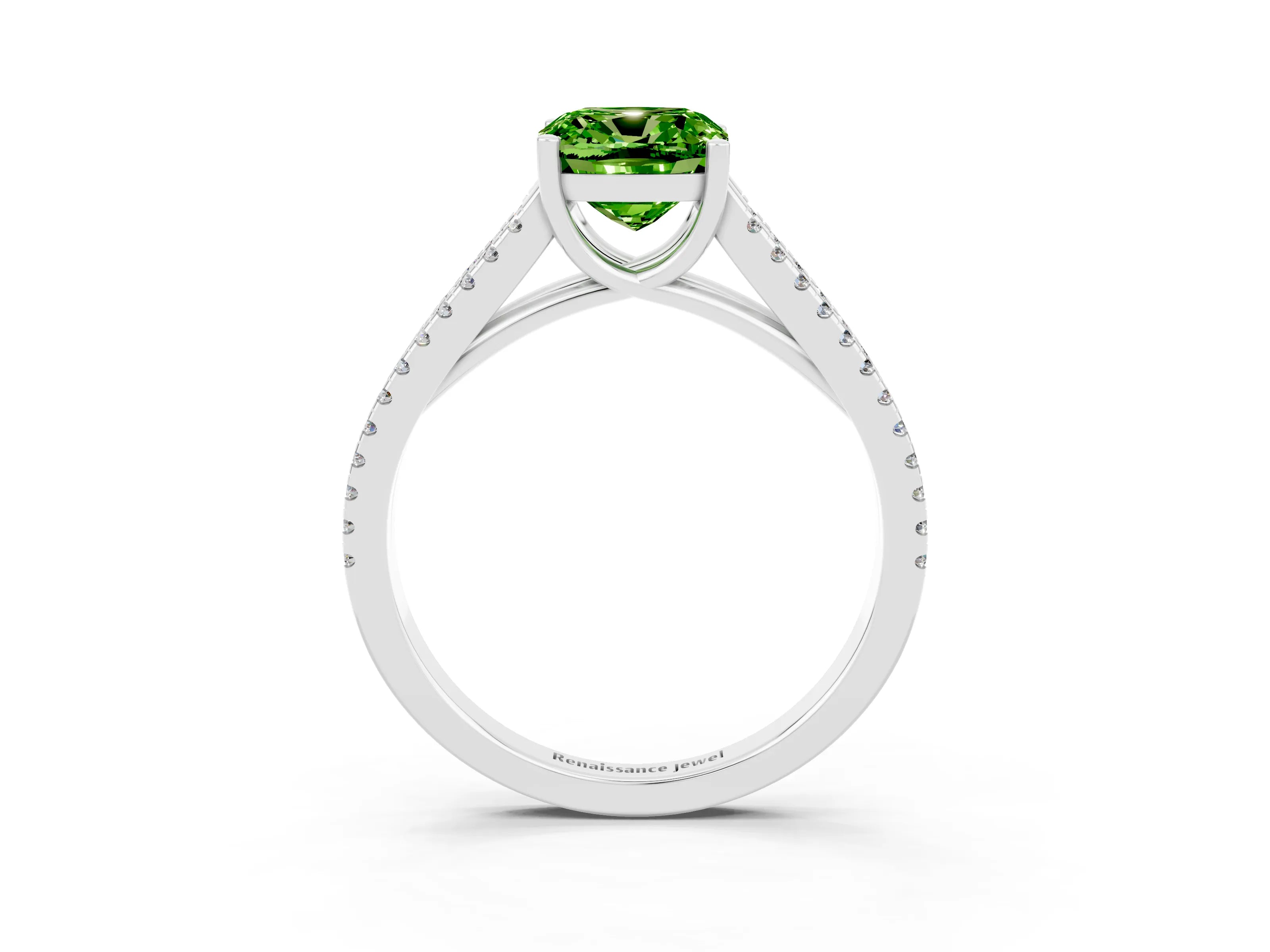 White gold Cushion Cut Peridot Solitaire Engagement Ring with Split Shank Pavé Band_3