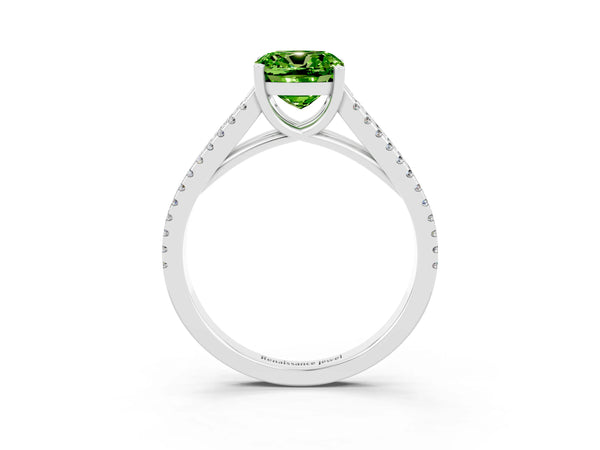 White gold Cushion Cut Peridot Solitaire Engagement Ring with Split Shank Pavé Band