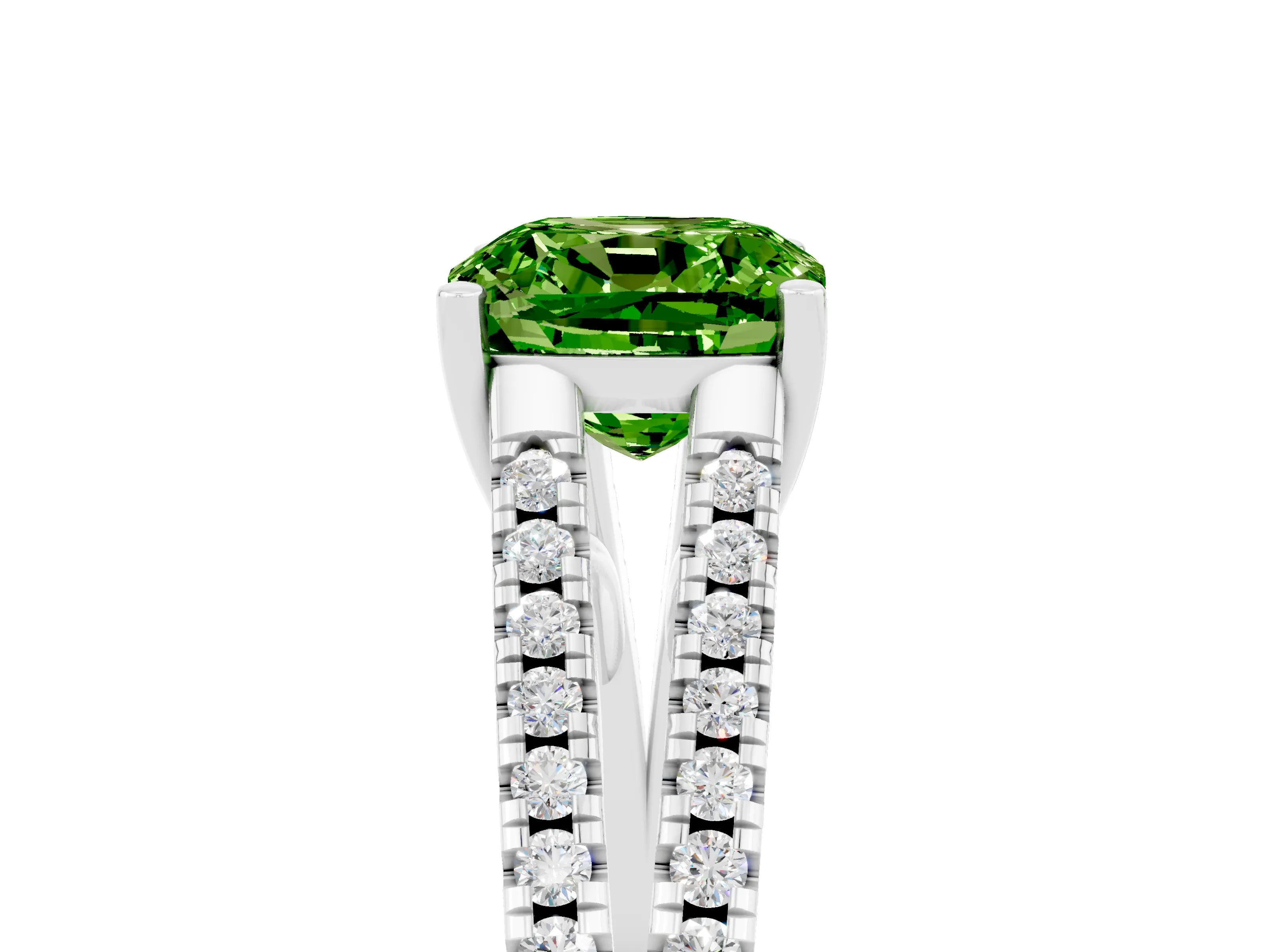 White gold Cushion Cut Peridot Solitaire Engagement Ring with Split Shank Pavé Band_5