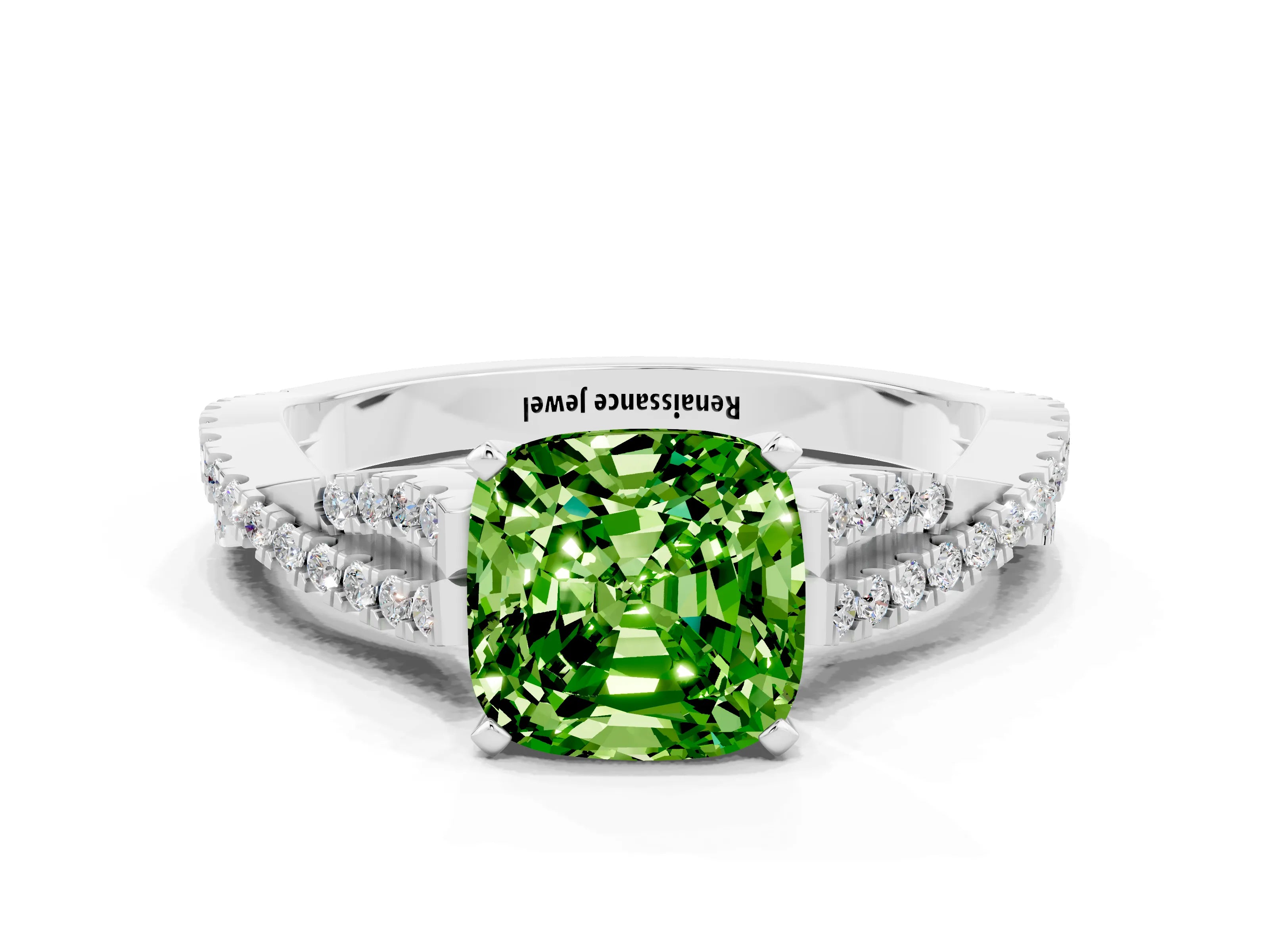 White gold Cushion Cut Peridot Solitaire Engagement Ring with Twisted Pavé Band and Four-Prong Setting_12