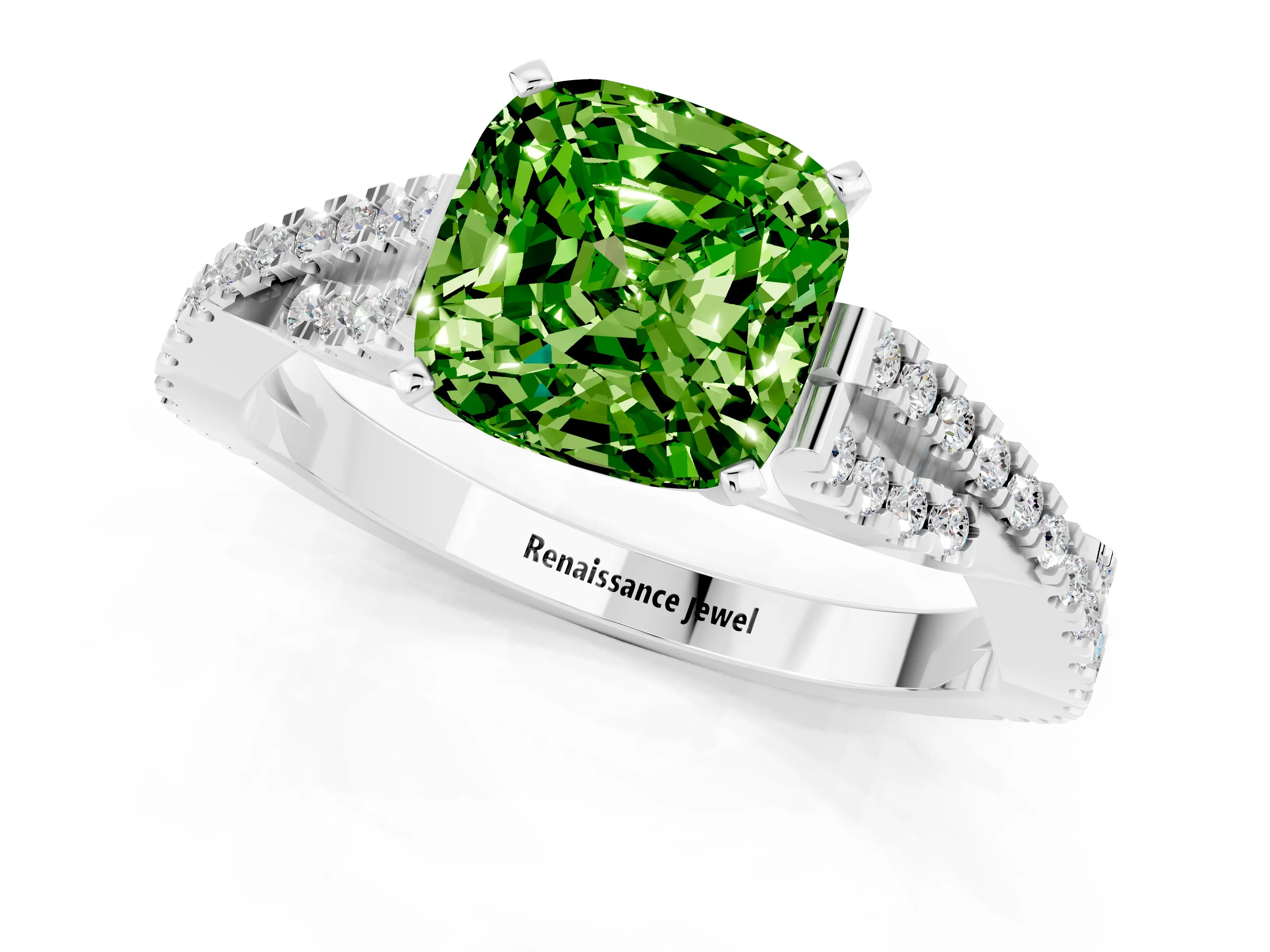 White gold Cushion Cut Peridot Solitaire Engagement Ring with Twisted Pavé Band and Four-Prong Setting_13