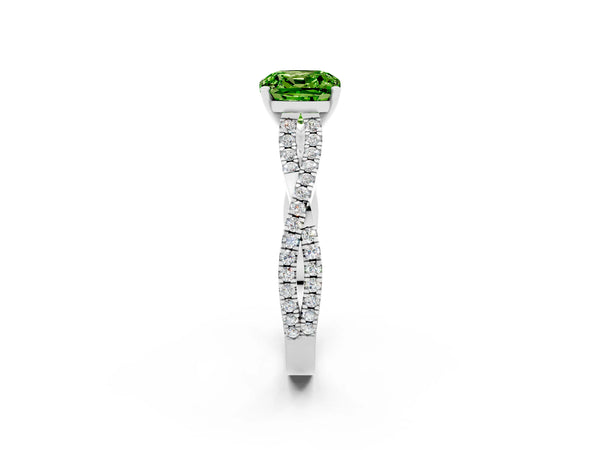 Silver Cushion Cut Peridot Solitaire Engagement Ring with Twisted Pavé Band and Four-Prong Setting