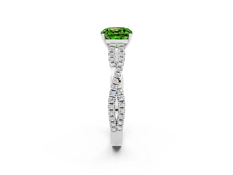 White gold Cushion Cut Peridot Solitaire Engagement Ring with Twisted Pavé Band and Four-Prong Setting_14