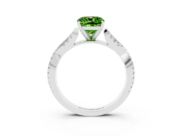Platinum Cushion Cut Peridot Solitaire Engagement Ring with Twisted Pavé Band and Four-Prong Setting