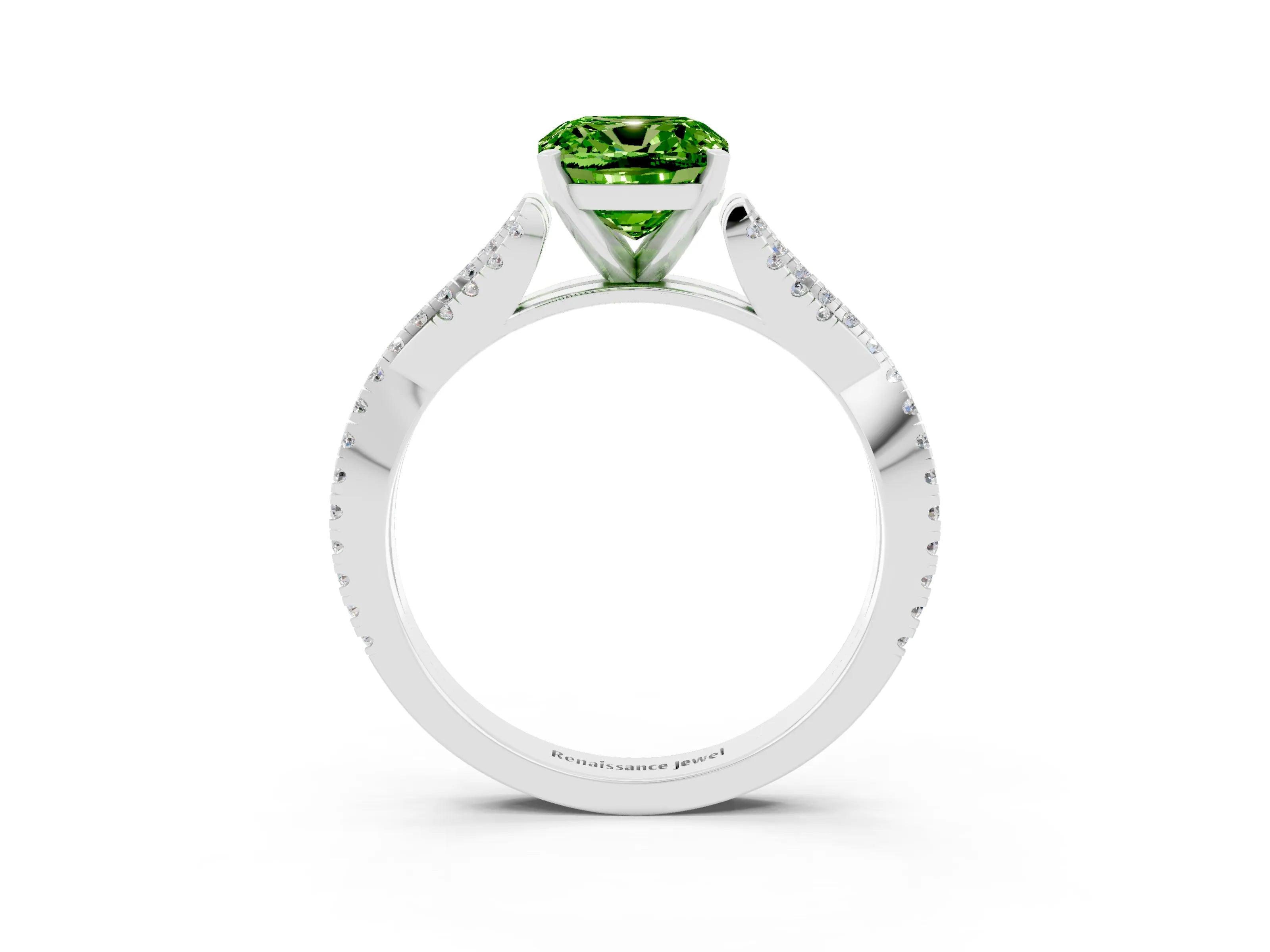 White gold Cushion Cut Peridot Solitaire Engagement Ring with Twisted Pavé Band and Four-Prong Setting_15