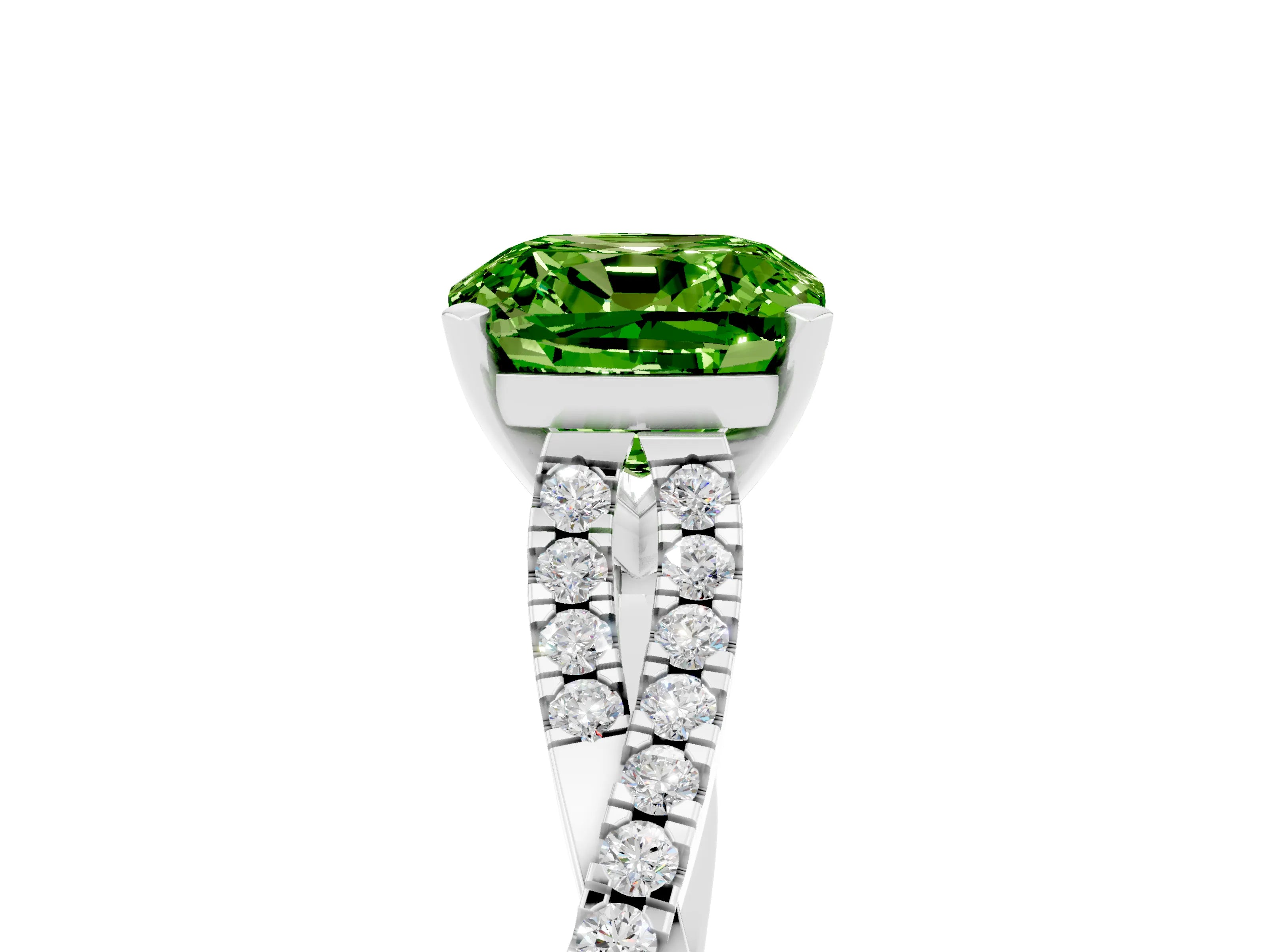 White gold Cushion Cut Peridot Solitaire Engagement Ring with Twisted Pavé Band and Four-Prong Setting_17
