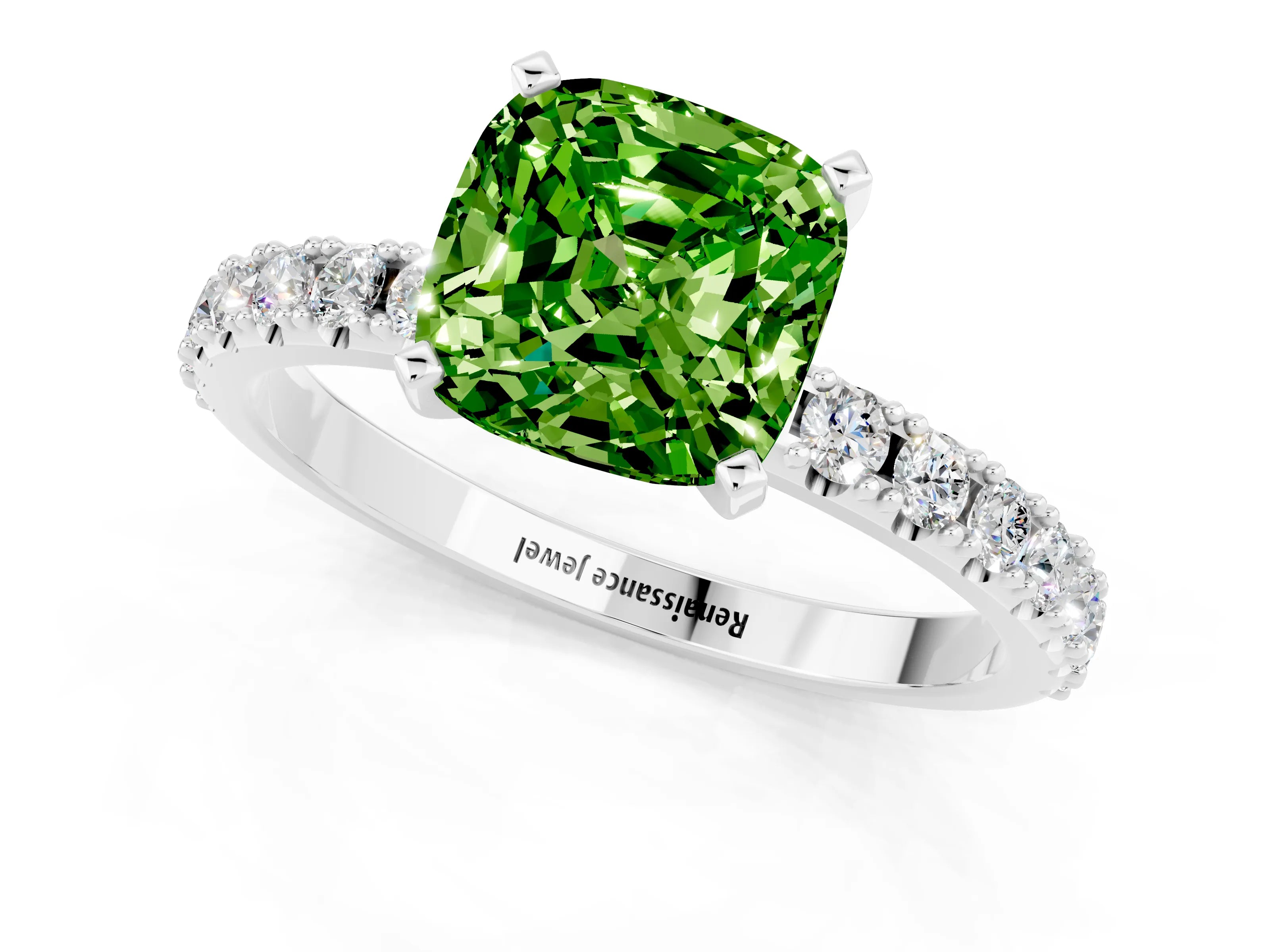 White gold Cushion Cut Peridot Solitaire Pavé Band with Four-Prong Setting_1