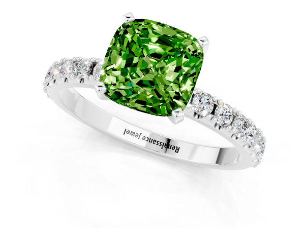 Silver Cushion Cut Peridot Solitaire Pavé Band with Four-Prong Setting