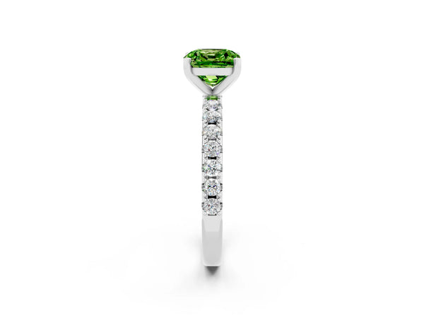 White gold Cushion Cut Peridot Solitaire Pavé Band with Four-Prong Setting