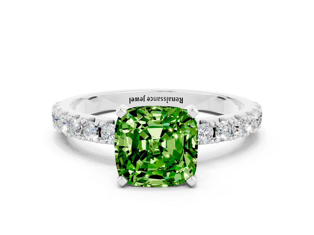 White gold Cushion Cut Peridot Solitaire Pavé Band with Four-Prong Setting