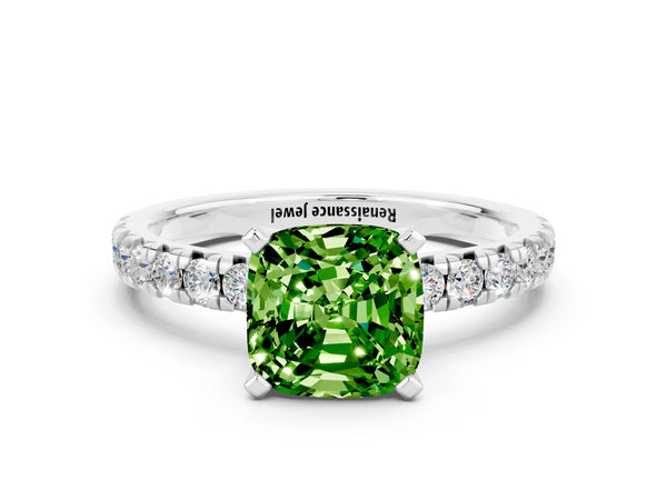 Platinum Cushion Cut Peridot Solitaire Pavé Engagement Ring with Round Band and Prong Setting