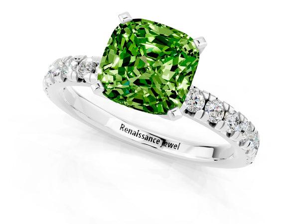 Platinum Cushion Cut Peridot Solitaire Pavé Engagement Ring with Round Band and Prong Setting