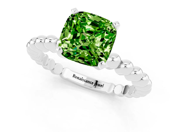 Silver Cushion Cut Peridot Solitaire Ring with Beaded Band and Prong Setting