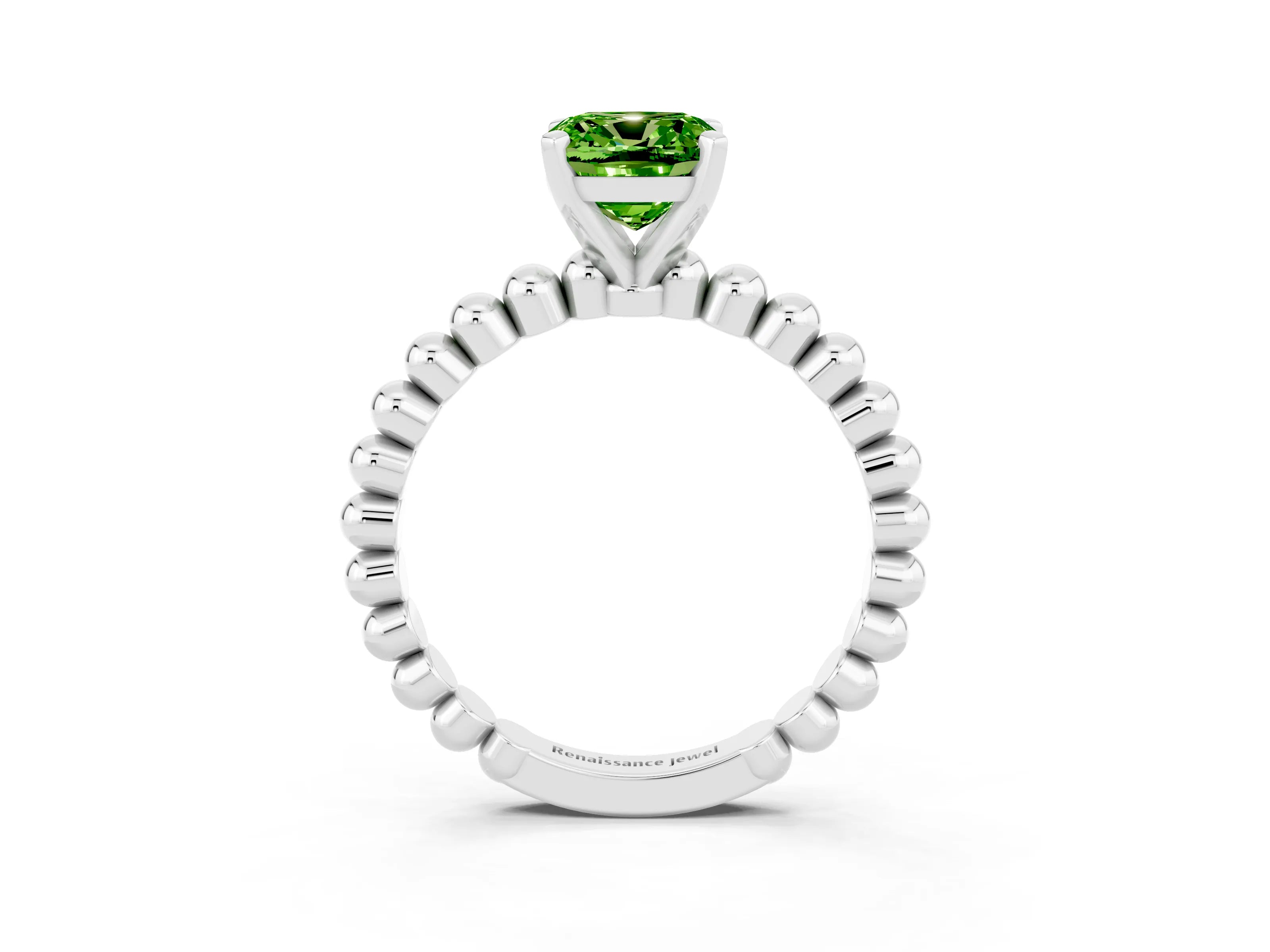 White gold Cushion Cut Peridot Solitaire Ring with Beaded Band and Prong Setting_15