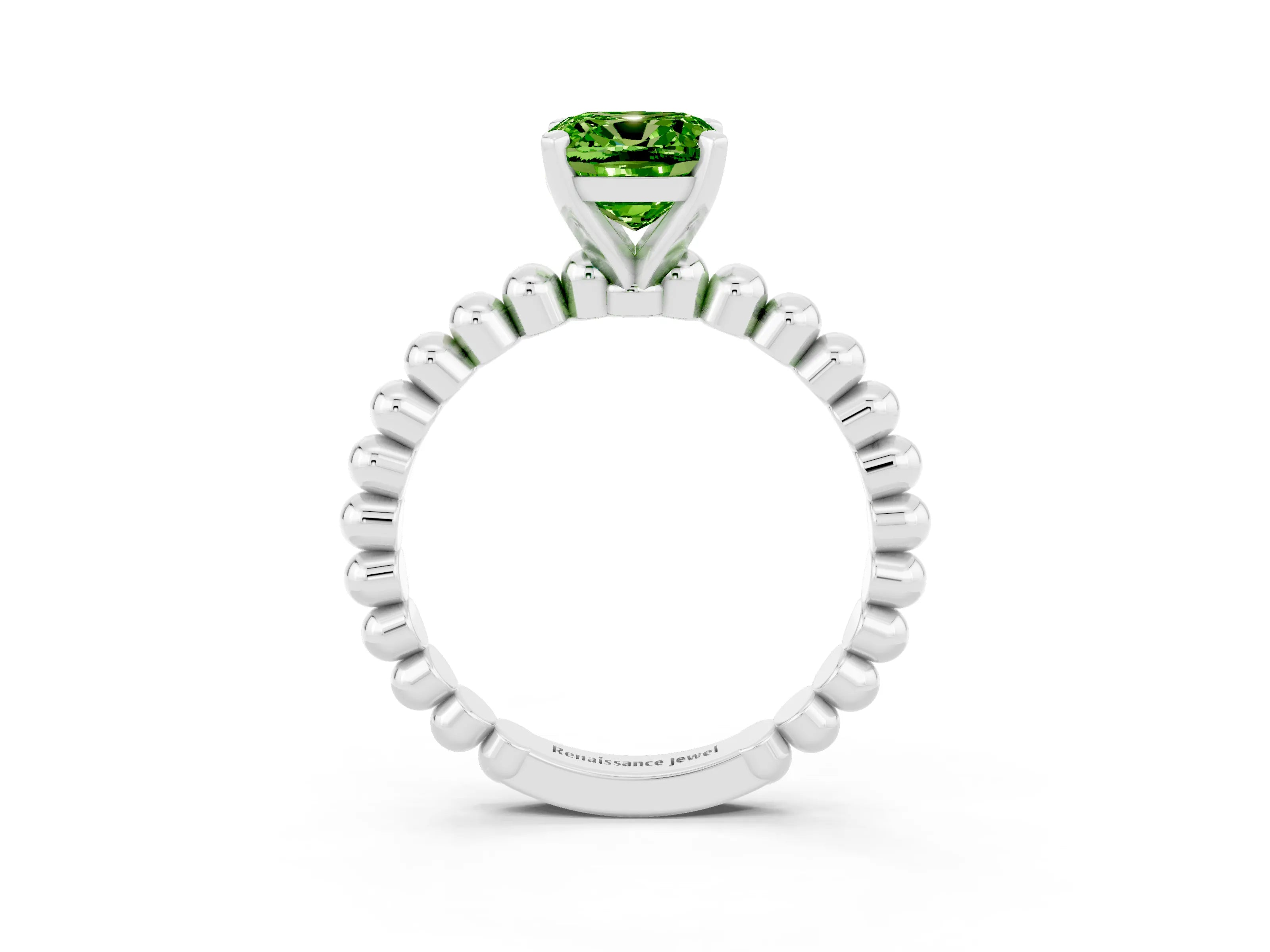 White gold Cushion Cut Peridot Solitaire Ring with Beaded Band and Prong Setting_15