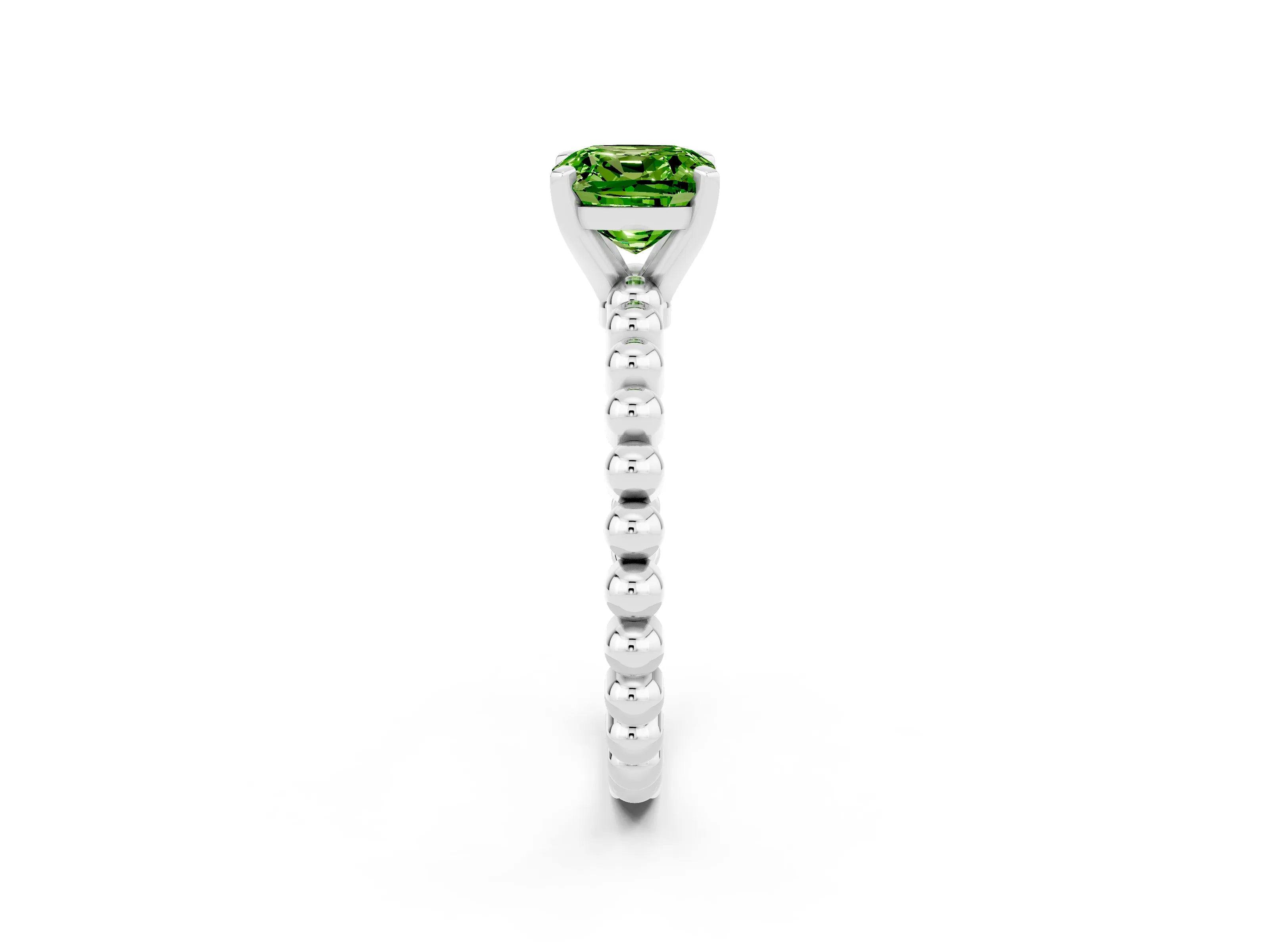 White gold Cushion Cut Peridot Solitaire Ring with Beaded Band and Prong Setting_2
