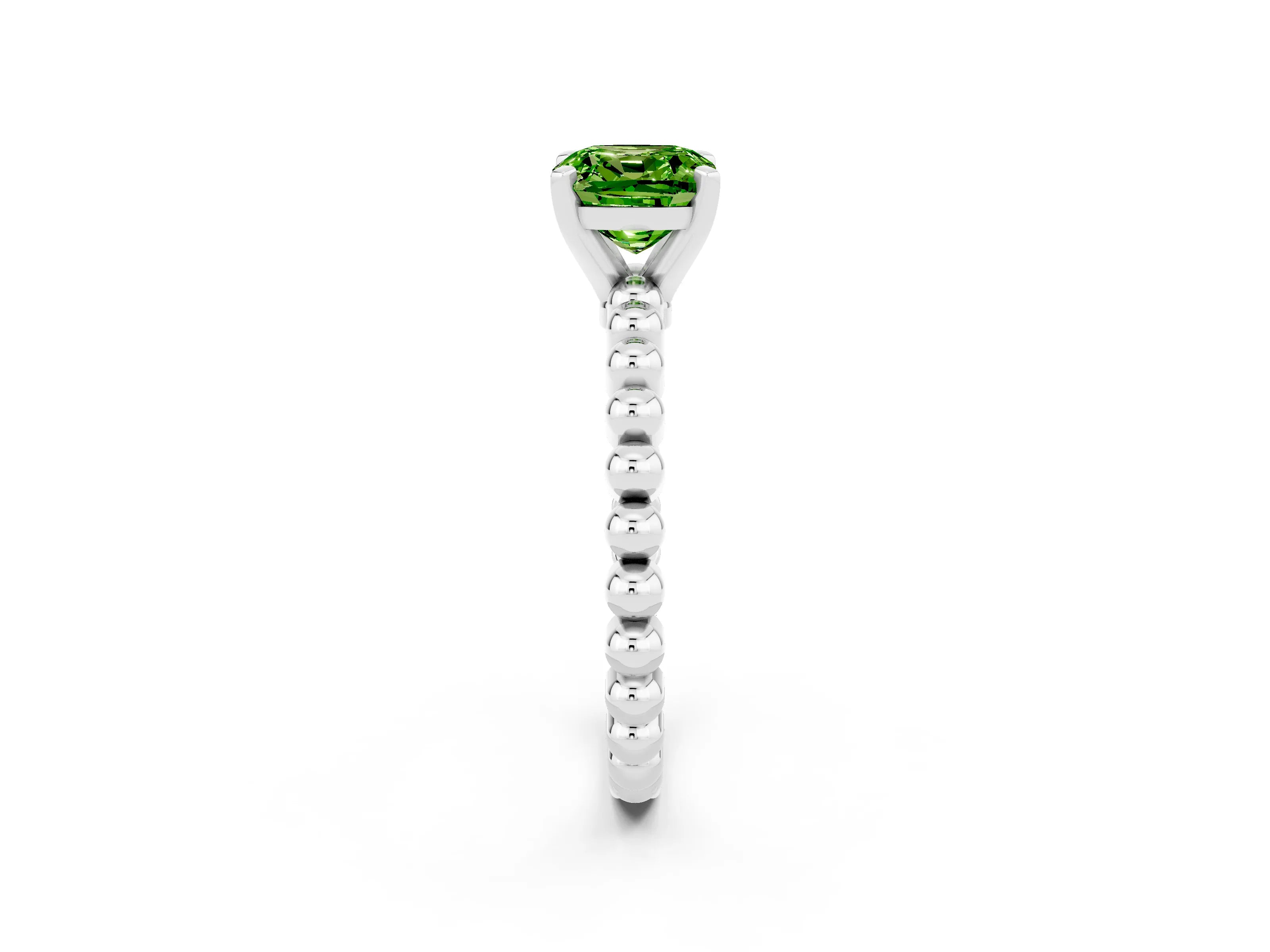 White gold Cushion Cut Peridot Solitaire Ring with Beaded Band and Prong Setting_2