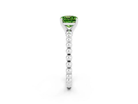 White gold Cushion Cut Peridot Solitaire Ring with Beaded Band and Prong Setting_2