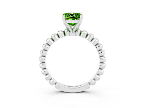 White gold Cushion Cut Peridot Solitaire Ring with Beaded Band and Prong Setting_3