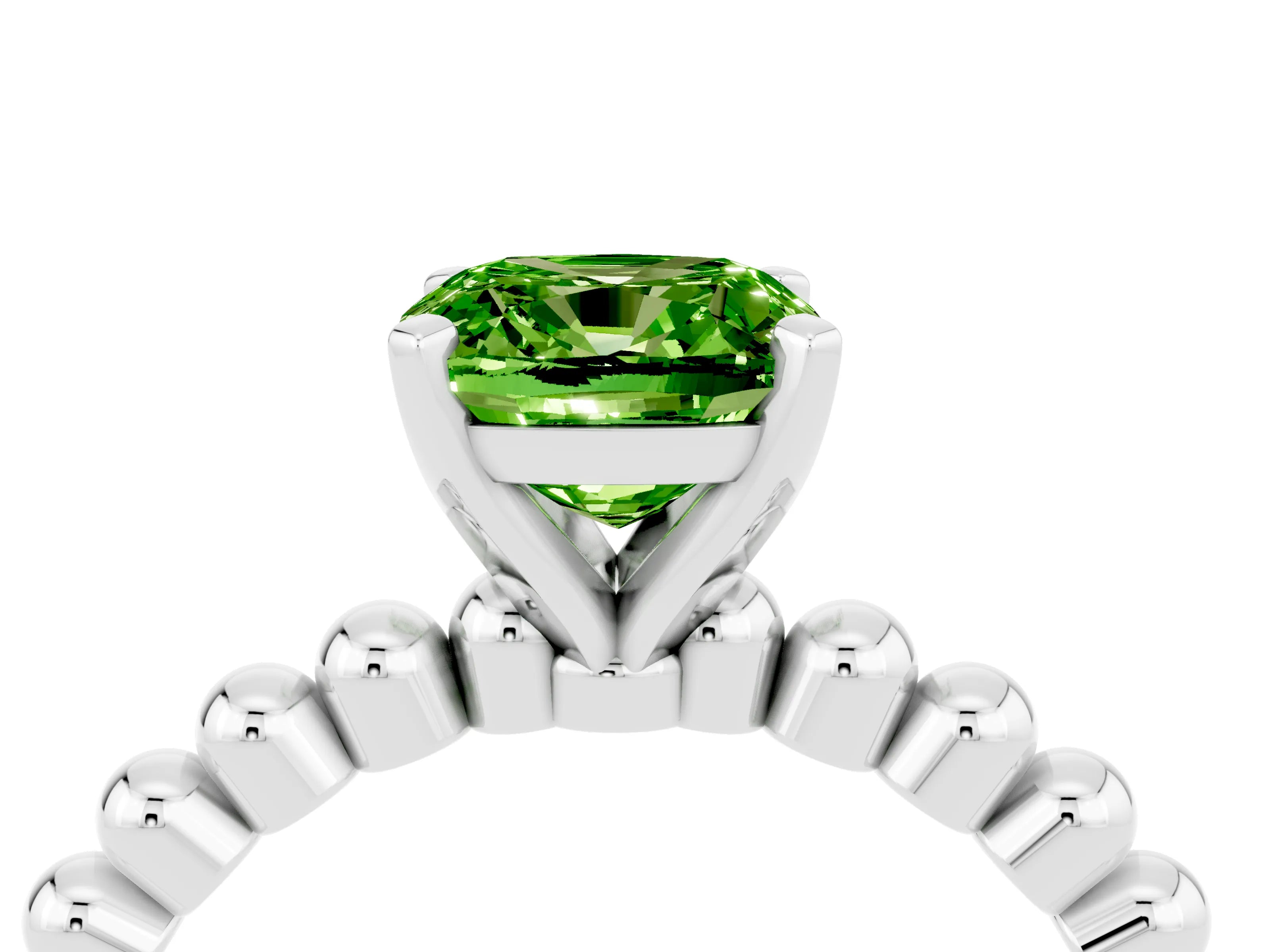 White gold Cushion Cut Peridot Solitaire Ring with Beaded Band and Prong Setting_4