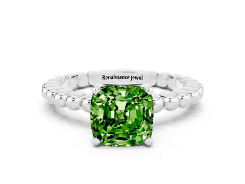 White gold Cushion Cut Peridot Solitaire Ring with Beaded Band and Prong Setting_6