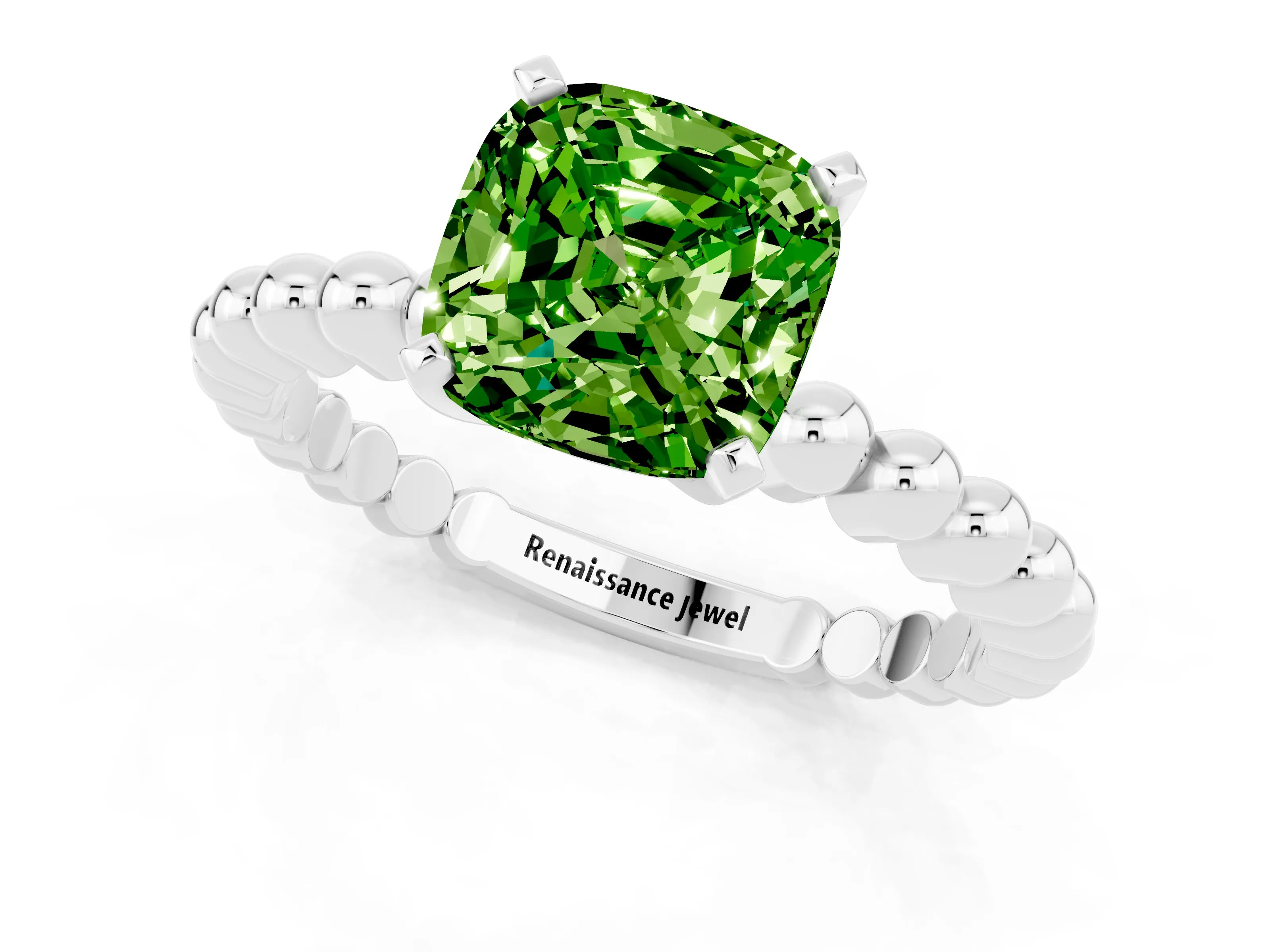 White gold Cushion Cut Peridot Solitaire Ring with Beaded Band and Prong Setting_7