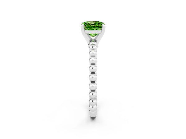 Platinum Cushion Cut Peridot Solitaire Ring with Beaded Band and Prong Setting
