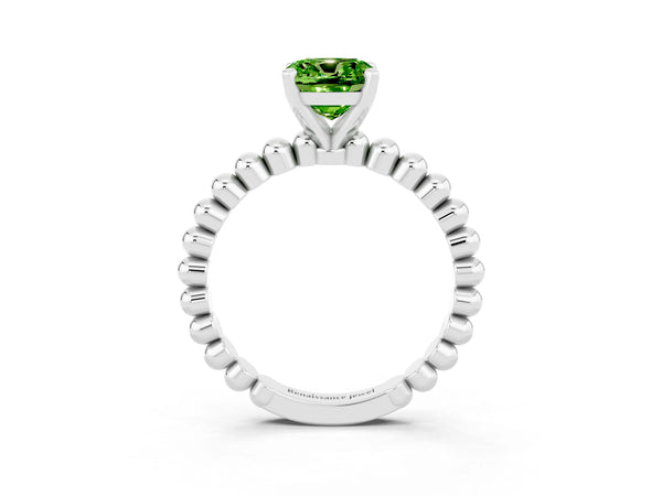 Platinum Cushion Cut Peridot Solitaire Ring with Beaded Band and Prong Setting
