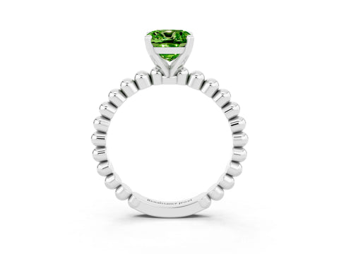 White gold Cushion Cut Peridot Solitaire Ring with Beaded Band and Prong Setting_9