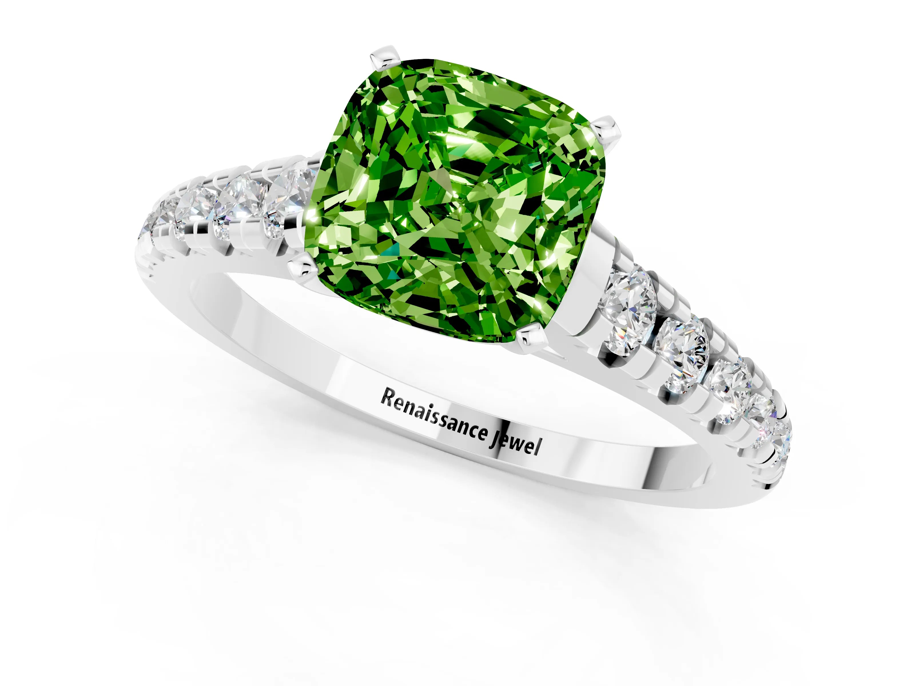 White gold Cushion Cut Peridot Solitaire Ring with Cathedral Setting and Pavé Band_1