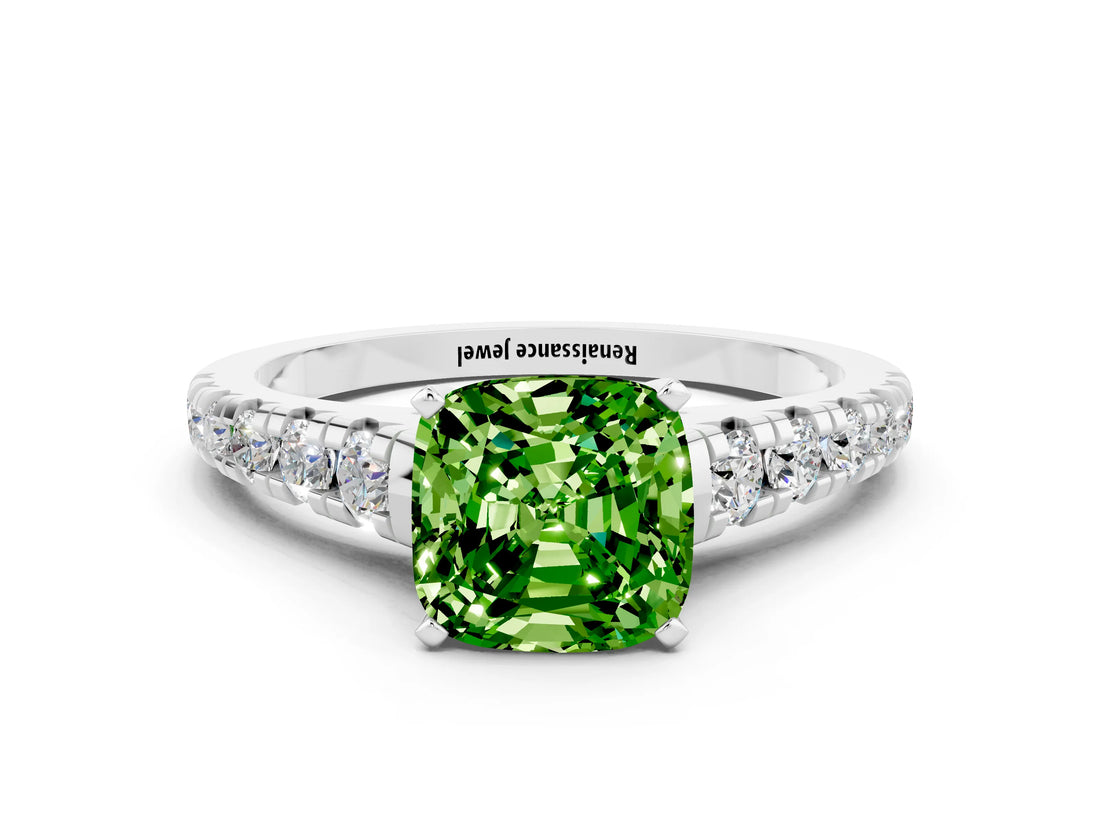 White gold Cushion Cut Peridot Solitaire Ring with Cathedral Setting and Pavé Band