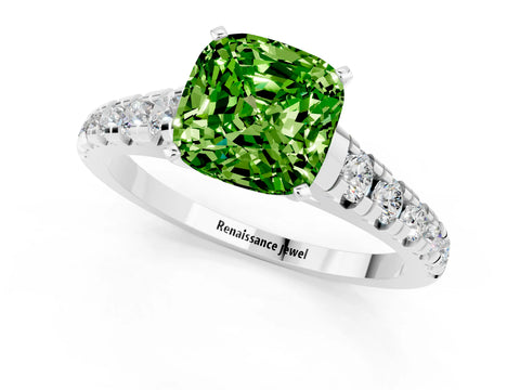 White gold Cushion Cut Peridot Solitaire Ring with Cathedral Setting and Pavé Band_1