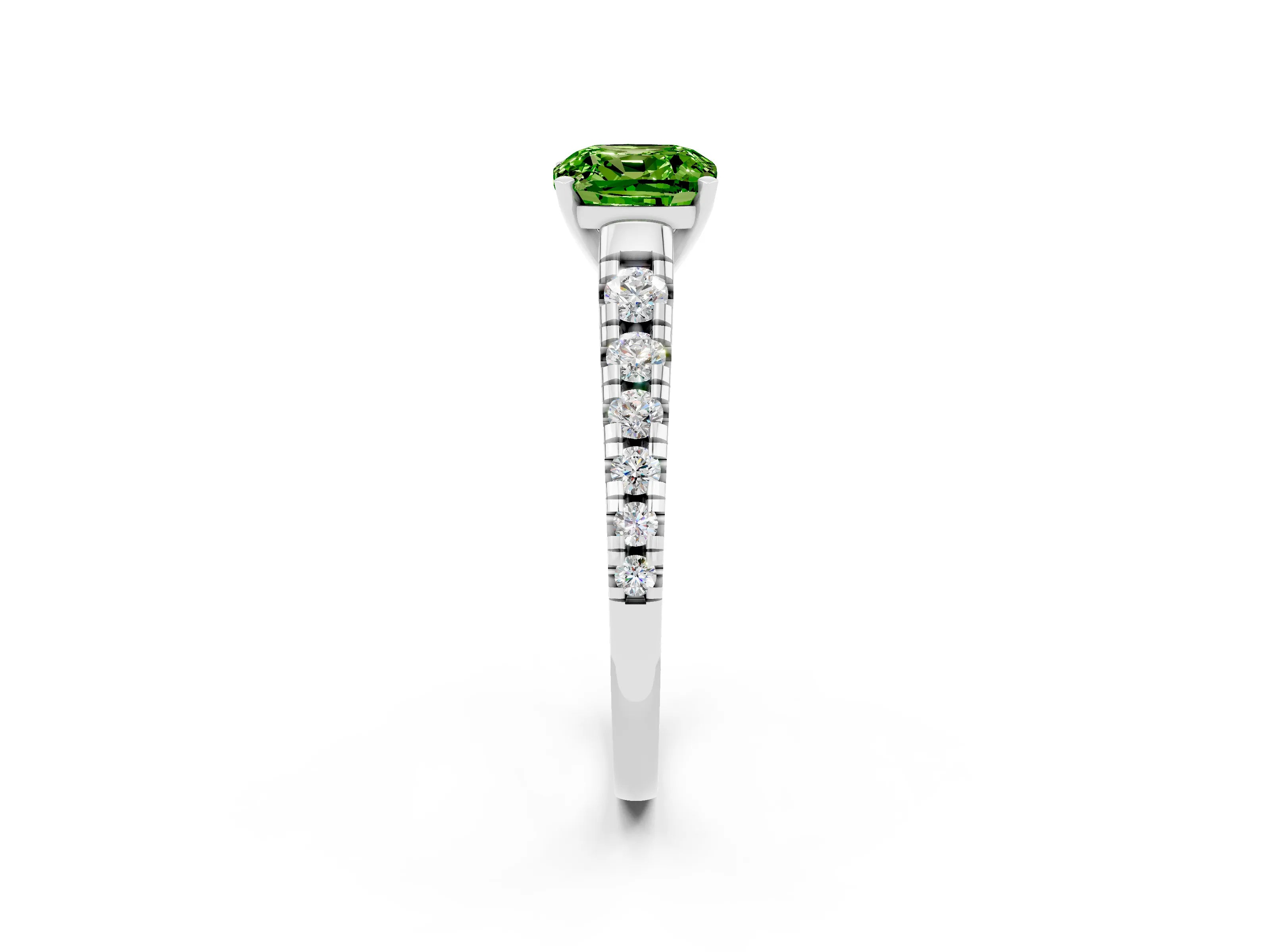 White gold Cushion Cut Peridot Solitaire Ring with Cathedral Setting and Pavé Band_2