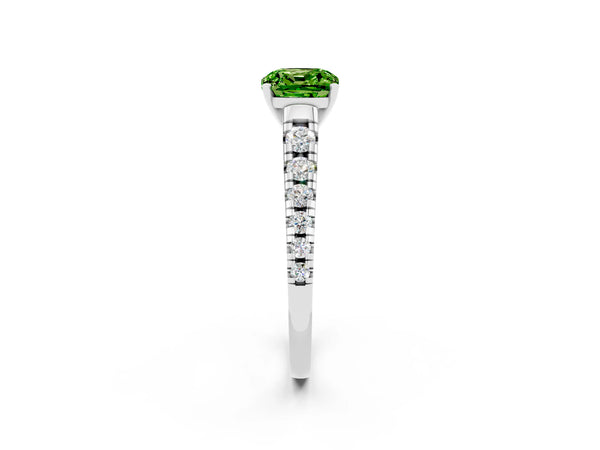 White gold Cushion Cut Peridot Cathedral Solitaire Ring with Round  Pavé Band