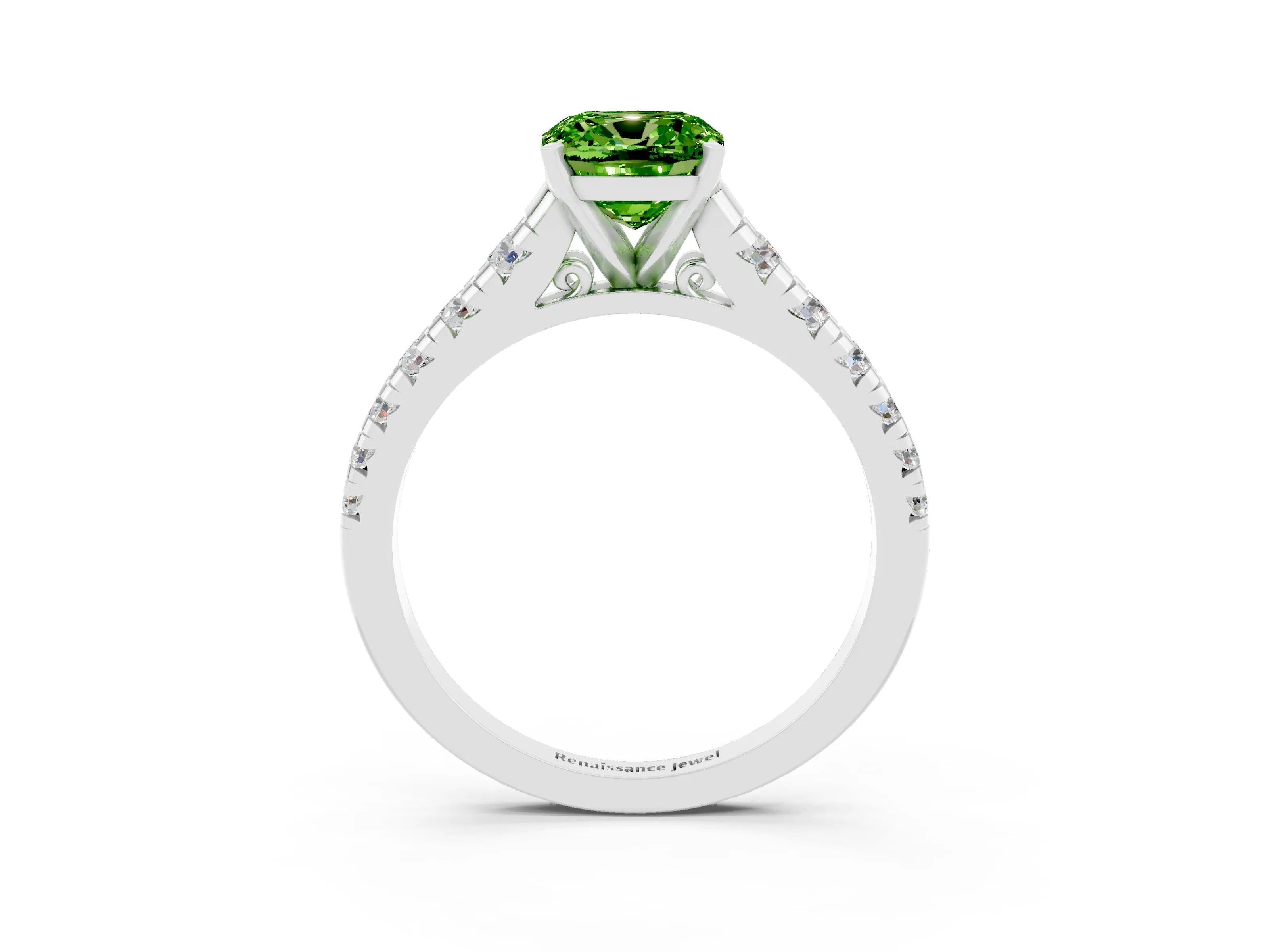 White gold Cushion Cut Peridot Solitaire Ring with Cathedral Setting and Pavé Band_3