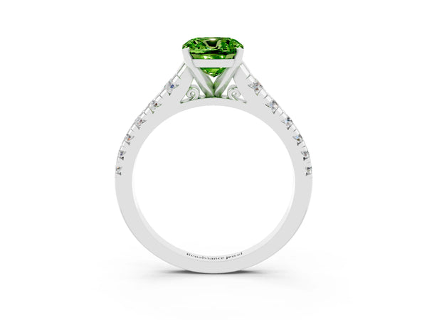 White gold Cushion Cut Peridot Cathedral Solitaire Ring with Round  Pavé Band