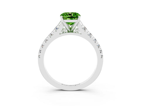 White gold Cushion Cut Peridot Solitaire Ring with Cathedral Setting and Pavé Band_3