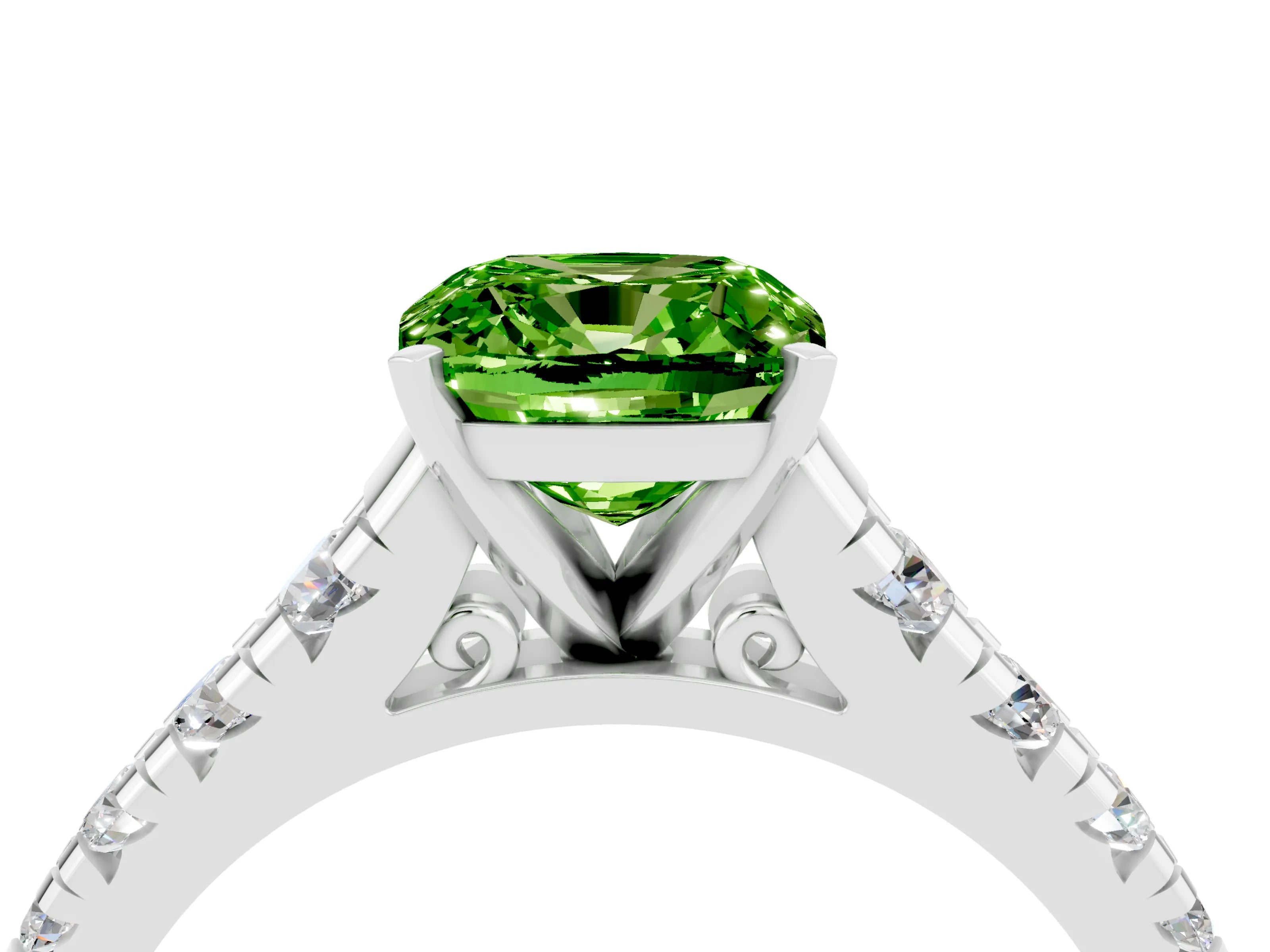 White gold Cushion Cut Peridot Solitaire Ring with Cathedral Setting and Pavé Band_4