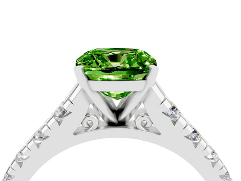 White gold Cushion Cut Peridot Solitaire Ring with Cathedral Setting and Pavé Band_4