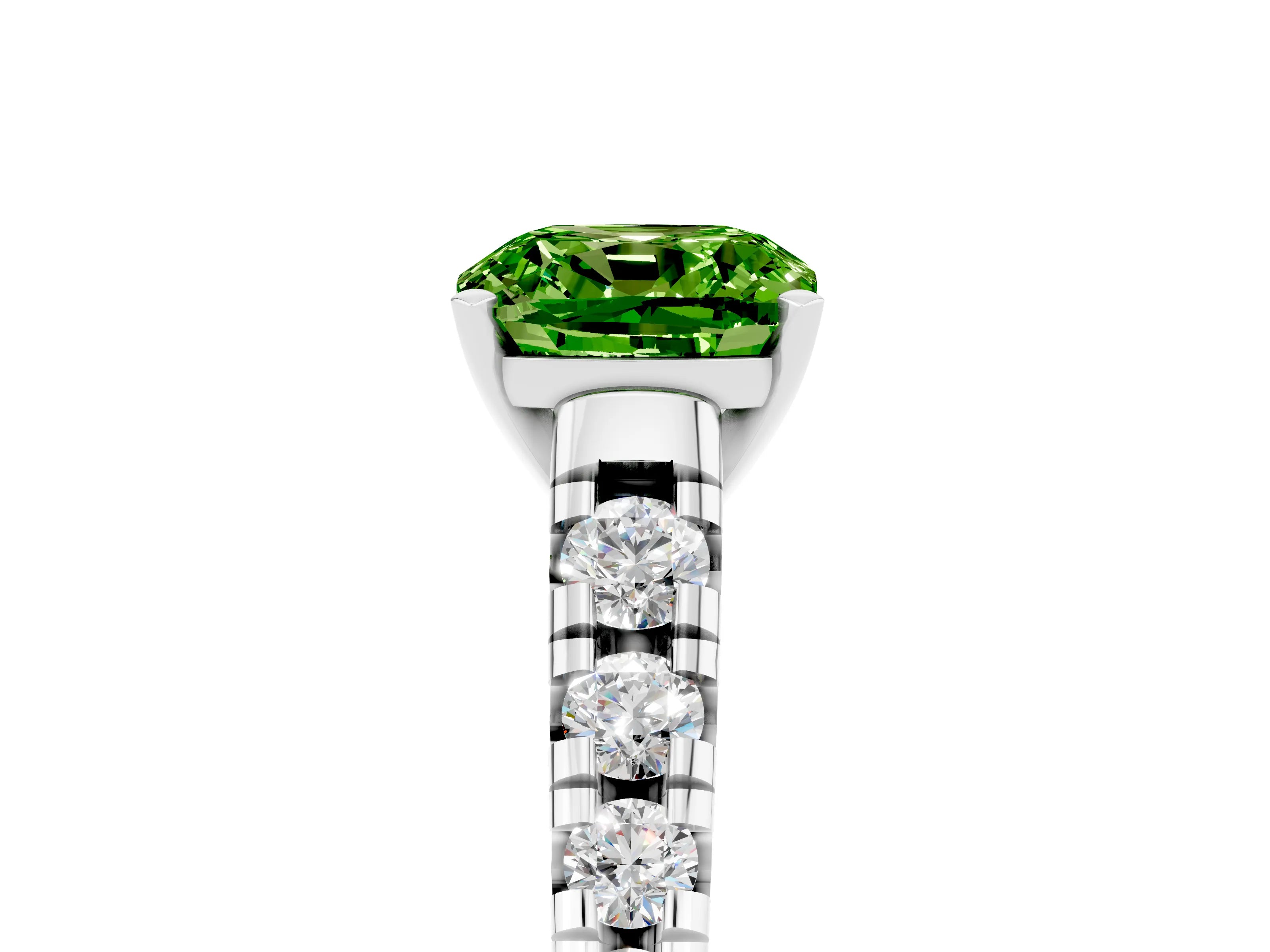 White gold Cushion Cut Peridot Solitaire Ring with Cathedral Setting and Pavé Band_5