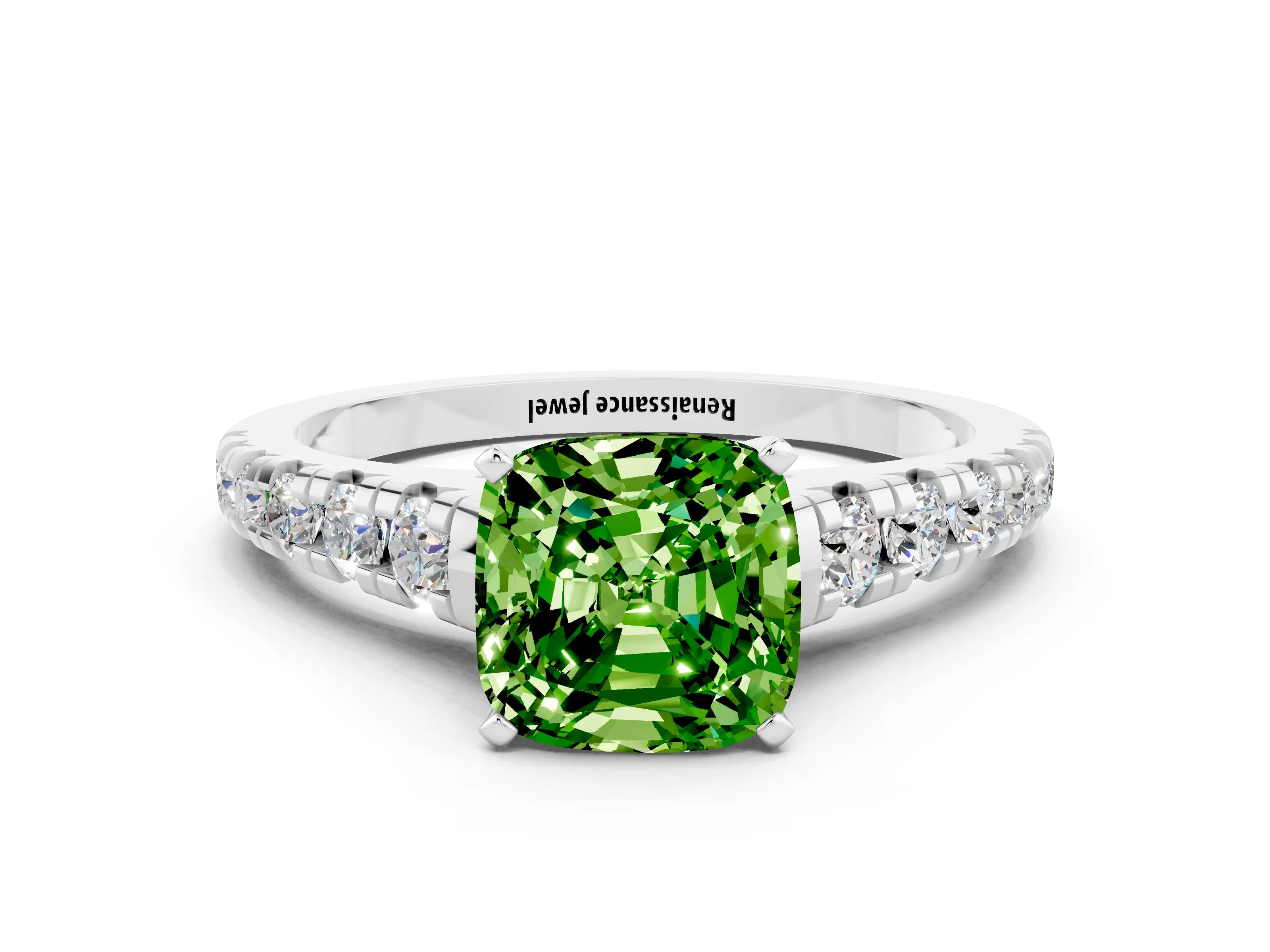 White gold Cushion Cut Peridot Solitaire Ring with Cathedral Setting and Pavé Band