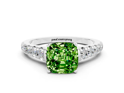 White gold Cushion Cut Peridot Solitaire Ring with Cathedral Setting and Pavé Band